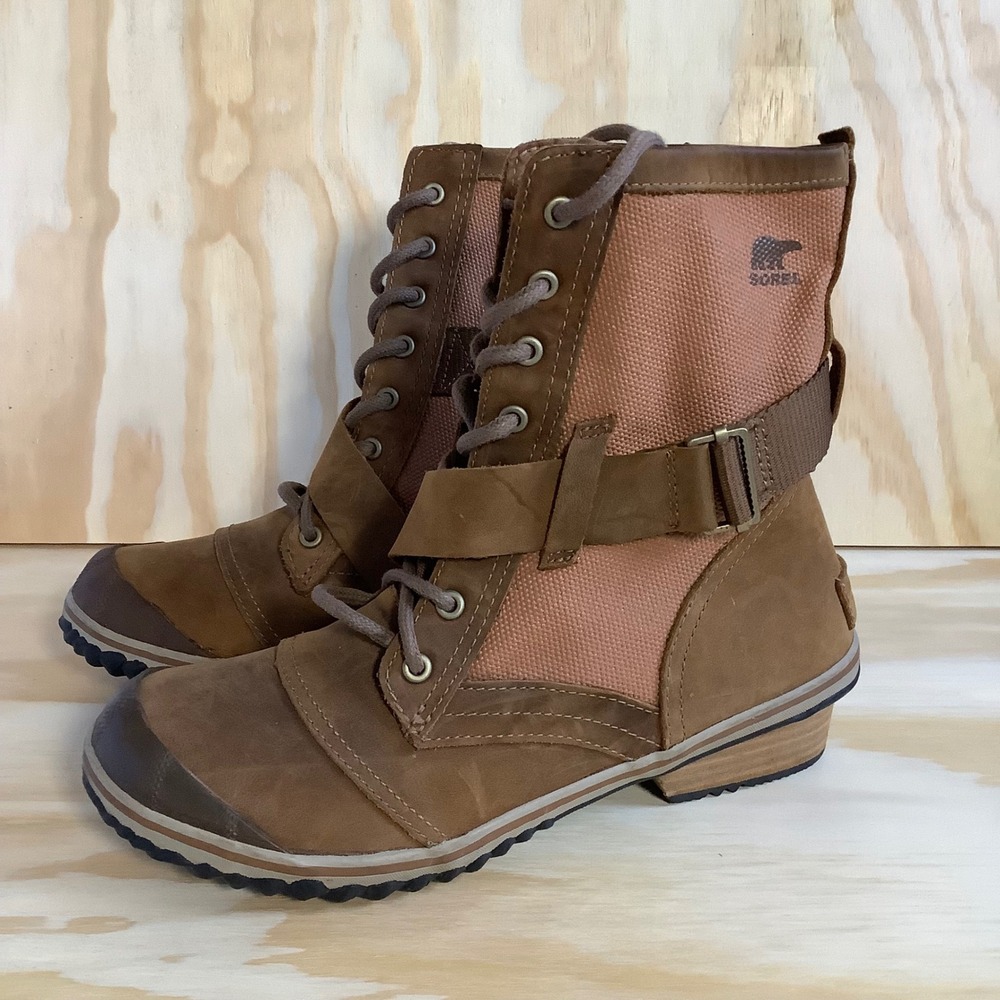 Sorel Major Carly Leather Textile Boots Ginger Herb Shark NL2154-237 Womens 10